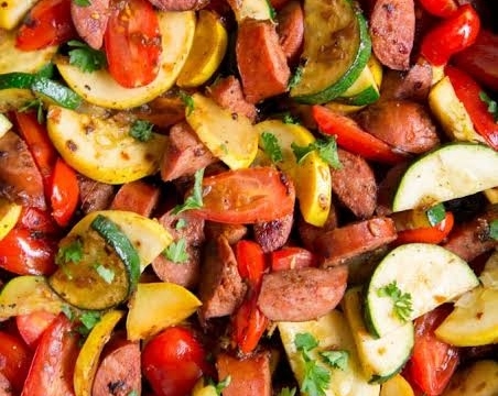 Easy Zucchini and Smoked Sausage Skillet Dinner top view