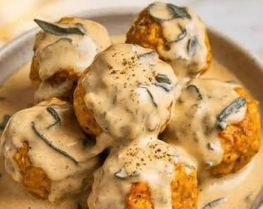 Best Creamy Pumpkin Chicken Meatballs in Sage Cream Sauce top view