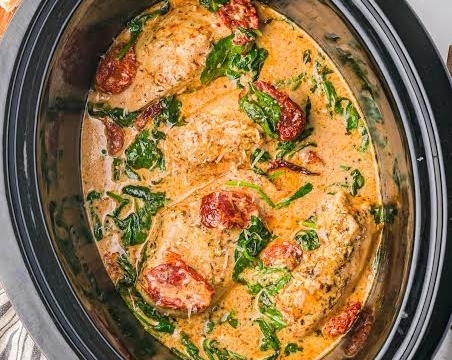 Cozy Creamy Crockpot Tuscan Garlic Chicken Orzo Soup top view