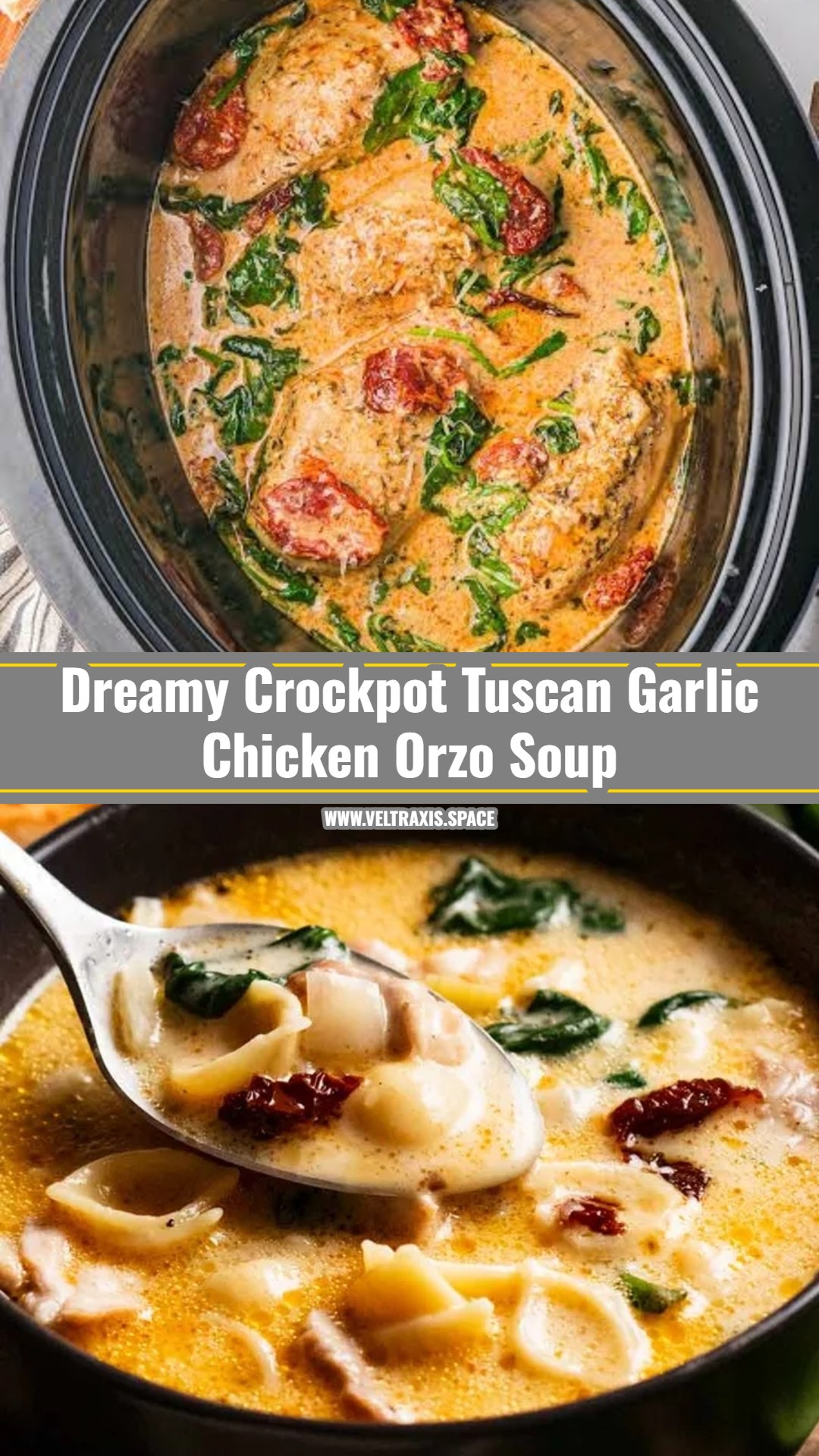 Cozy Creamy Crockpot Tuscan Garlic Chicken Orzo Soup