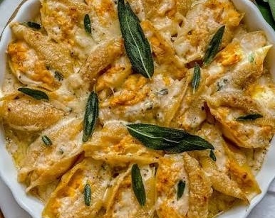 Creamy Pumpkin Ricotta Stuffed Shells Sage Butter Sauce top view