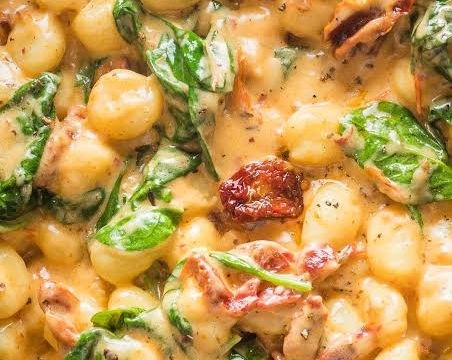 Creamy Tuscan Roasted Red Pepper Gnocchi Comfort Bowl top view