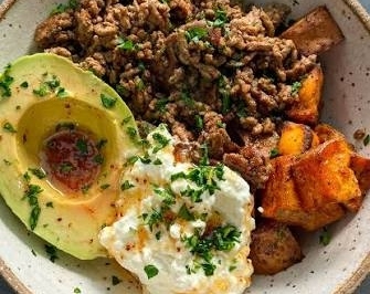 Easy Hot Honey Sweet Potato Beef Bowl Dinner top view