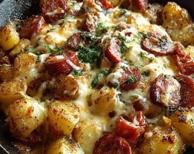 Easy One Pan Cheesy Garlic Butter Sausage and Potatoes top view