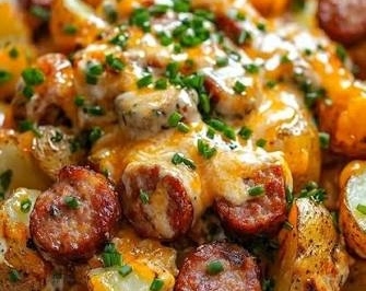Easy One Pan Cheesy Garlic Butter Sausage and Potatoes suggested serving