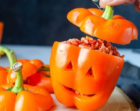 The Best Jack-o'-Lantern Stuffed Peppers Recipe Ever top view