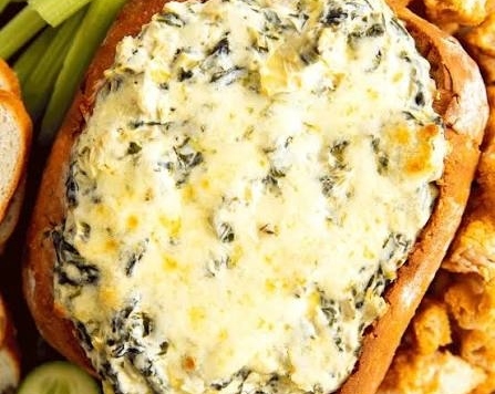 Ultimate Game Day Spinach Artichoke Dip Bread Bowl suggested serving