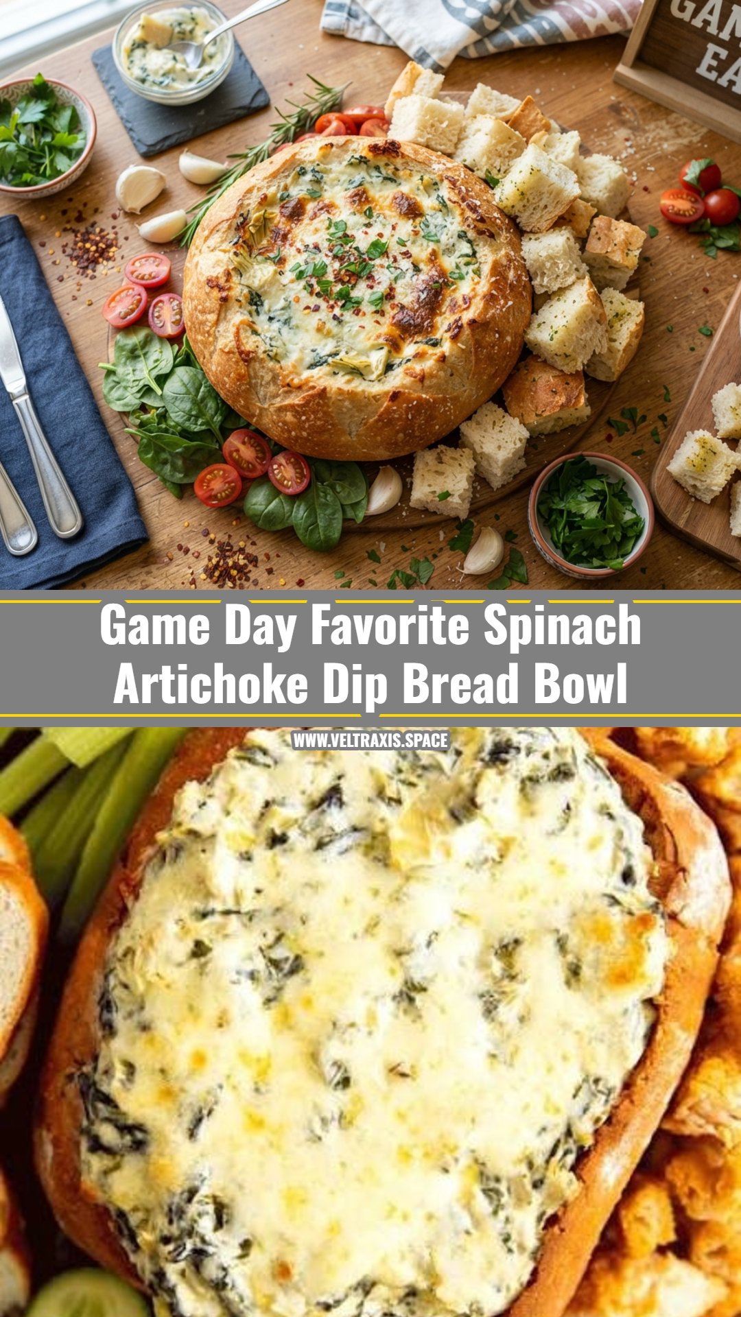 Ultimate Game Day Spinach Artichoke Dip Bread Bowl
