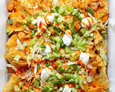 Ultimate Loaded Sheet Pan Buffalo Chicken Nacho Dip top view
