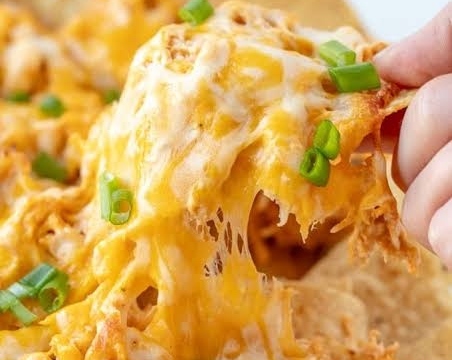 Ultimate Loaded Sheet Pan Buffalo Chicken Nacho Dip suggested serving