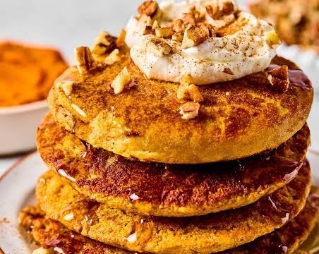 Viral Fluffy High Protein Pumpkin Spice Pancakes top view