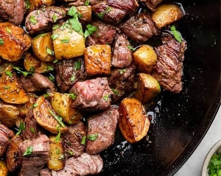 Viral Garlic Butter Steak Bites and Crispy Potatoes top view