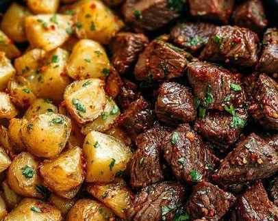 Viral Garlic Butter Steak Bites and Crispy Potatoes suggested serving